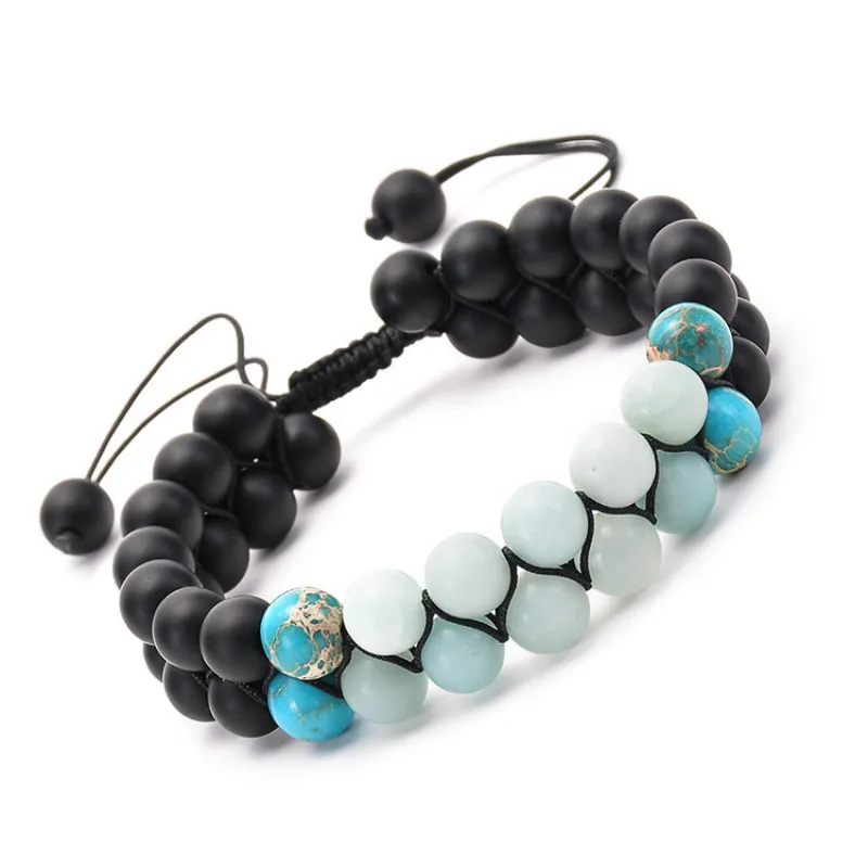 

6/8mm Beads New DIY Double Row Couple Bracelet Frosted Stone Handmade Weave Adjustable Charm Bracelet for Women Men