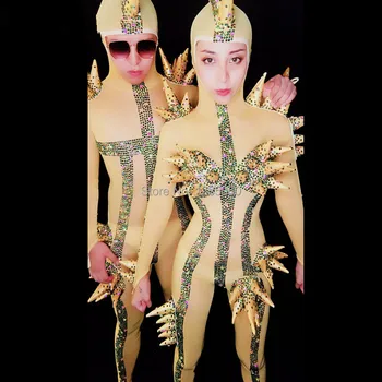

Colorful Rhinestones Perspective Mesh Zentai Jumpsuit Sexy Men Women Leotard Jumpsuit Nightclub Stage Costume Cosplay Dance Wear