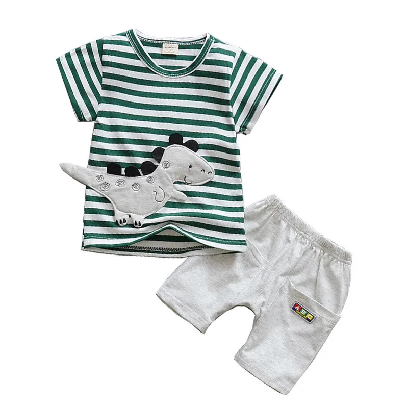 

Summer Baby Boys Clothing Sets Children Cartoon Dinosaur Striped T Shirt 2 Pcs/Sets Clothes Suits Kids Fashion Cotton Tracksutis