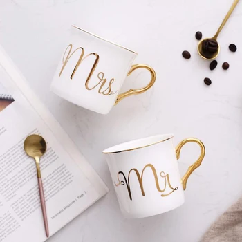 

1 PC 350ML European Style Porcelain Coffee Cup Couple Golden With Handle Bone Porcelain Water Cup Tea Cup