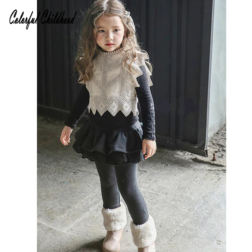 

Girls Pants Pure Color Thicken Velvet Patchwork Pants Toddler Girl Teenagers Lace Ruffles Pant Skirt Baby Winter Warm Leggings