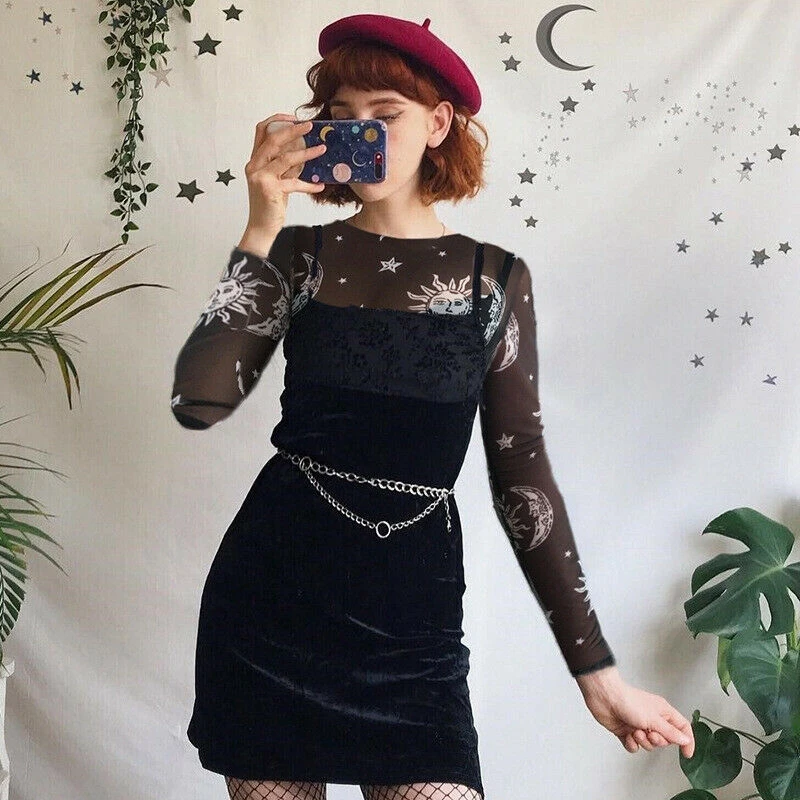 جديد 2019 مثير النساء بقماش شفاف كيوبيد المحملة الشمس القمر طباعة طويلة الأكمام ضئيلة المحاصيل قمم كرو الرقبة شفافة المحملة الأعلى