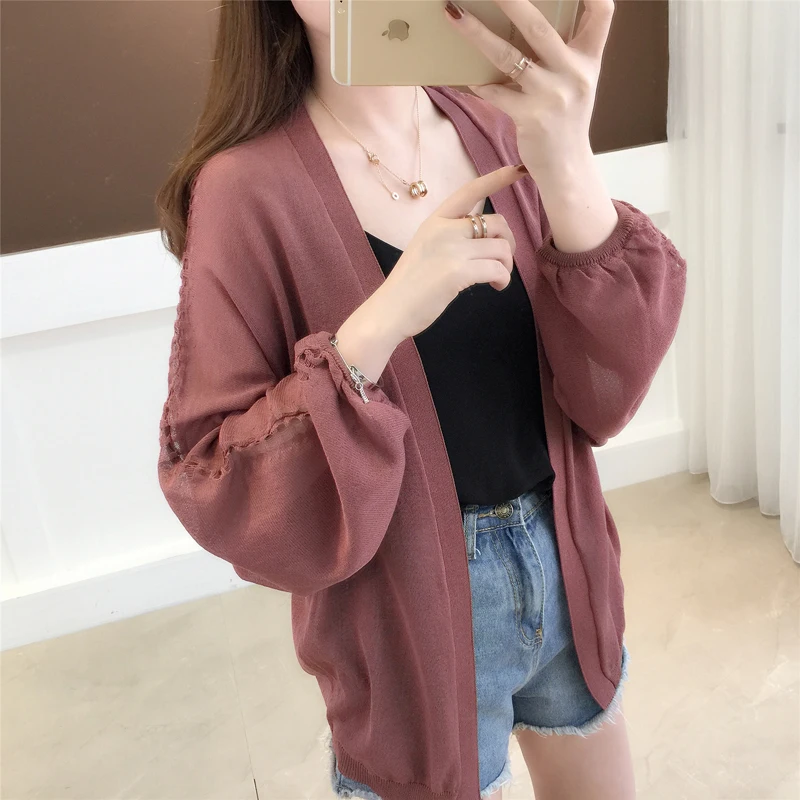Thin knit cardigan female 2019 new spring summer Lace V neck solid sweater casual cardigans hollow loose shawl coat