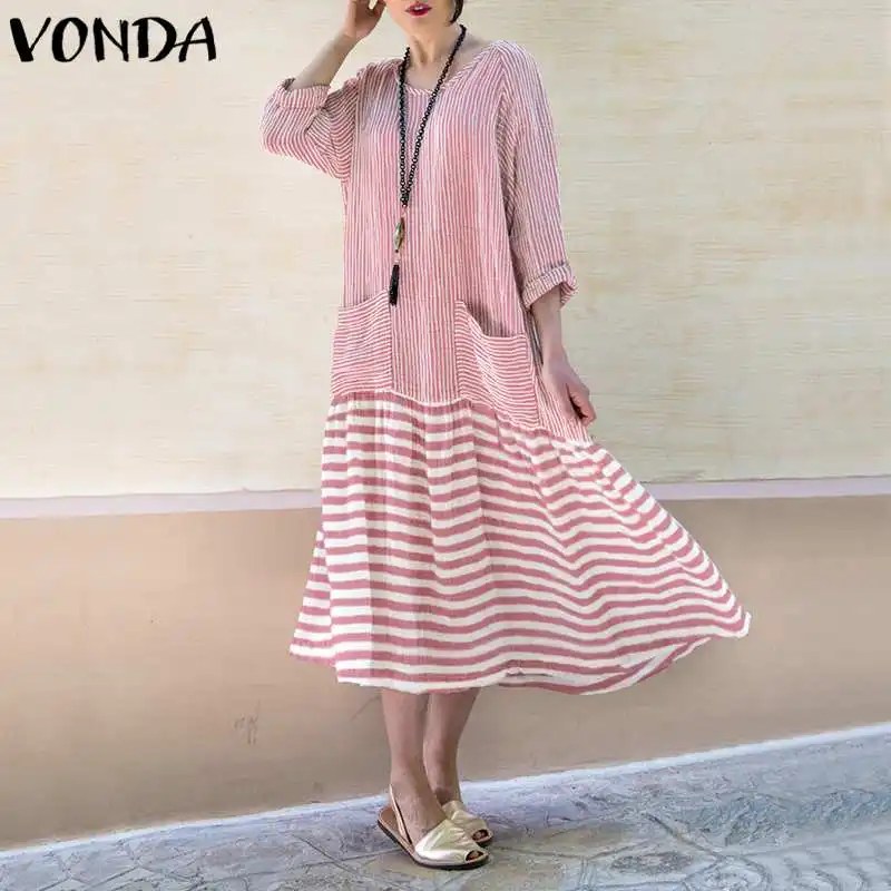 

VONDA Bohemian Women Vintage Long Sleeve Patchwork Dresses 2019 Autumn Spring Maxi Dress Casual Loose Party Vestidos Plus Size