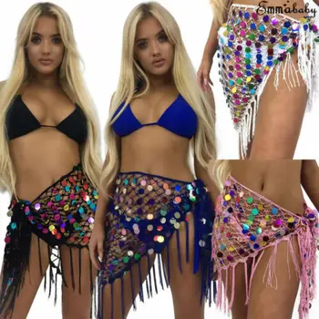

Women Chiffon Belly Dance Hip Scarf Skirt Beach Cover Up Lady Coins Sequin Tassel Beach Dress Sexy See-through Beach Dress