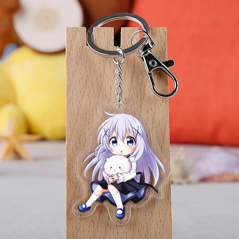 

Anime Gochuumon wa Usagi Desuka Keychain Cartoon Is This Your Order a Rabbit Kafuu Chino Car Key Holder Chain Pendants Keyrings