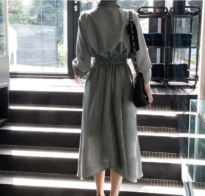 LANMREM Spring New Fashion Korea 2019 New Fashion Notched Three Quarter Sleeve Irregular Hem Mid-calf Dress Woman FA14001 LANMREM Spring New Fashion Korea 2019 New Fashion Notched Three Quarter Sleeve Irregular Hem Mid-calf Dress Woman FA14001