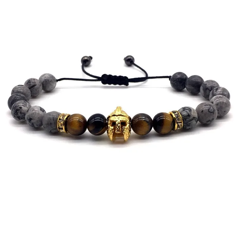 

Roman Knight Spartan Warrior Gladiator Helmet Bracelet Men Stone Bead Adjustable Charm Bracelets Mala Yoga Elastic Drop Shipping
