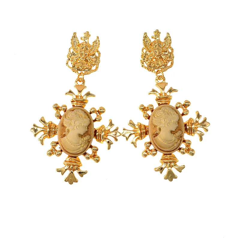 

Ladies Fashion Baroque Flower Crown Tassel Earrings Beauty Head Retro Metal Pendant Earrings Wedding Party Jewelry