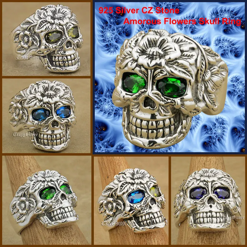 

Solid 925 Sterling Silver Cool Knight Individuality Amorous Flowers Skull Ring Punk Rock Retro Fashion CZ Stone Ring 9W123405