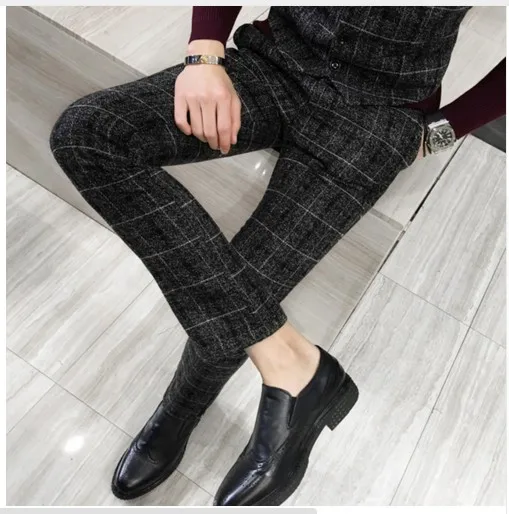 

Matte fabric men's suit plaid pants yellow black navy blue 5XL fashion business casual man pants slim elegant and comfortable
