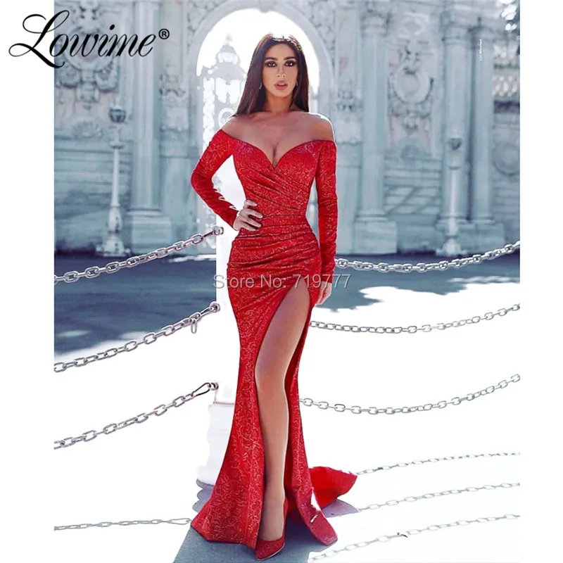 High Slit Side Red V Neck Prom Dresses Sexy Evening Dress Long Sleeves Dubai Arabic Gowns Abaya Party Dress 2019 Robe De Soiree High Slit Side Red V Neck Prom Dresses Sexy Evening Dress Long Sleeves Dubai Arabic Gowns Abaya Party Dress 2019 Robe De Soiree