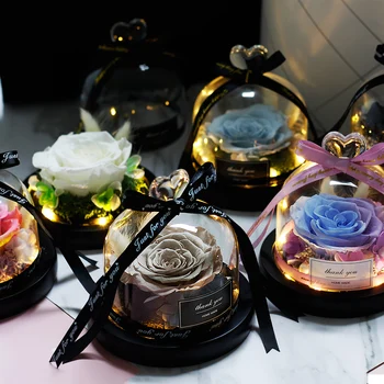 

Mother Day Present Dried Flowers The Beauty And Beast Eternal Real Rose Home Decor With LED in Glass Dome Valentine Christmas We