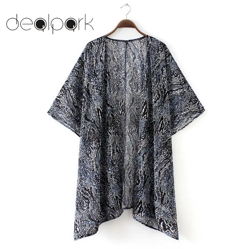 

Women Chiffon Cardigan Snake Skin Print 3/4 Sleeve Loose Long Kimono 2019 Summer Tops 3XL Plus Size Outerwear Beach Cover Ups