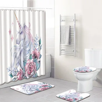 

The Unicorn Fabric Shower Curtain 4pcs Bath Mat Set 3D Rugs and Carpets for Home Living Room Bathroom Curtain Set for Home Decor