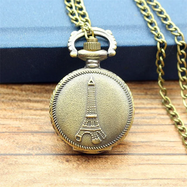 

Nazeyt brand wholesale price good quality vintage new retro romantic bronze mini Eiffel Tower pocket watch necklace with chain