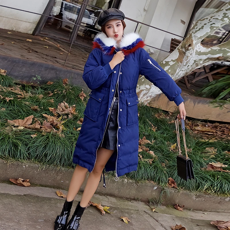 Épais Femmes Chaud D'hiver Long Pour Bleu Tri P677 Hiver De Fourrure Capuchon Parka Survêtement Blue couleur Mode Paedded Manteau Col Femme À Veste t7Ftw