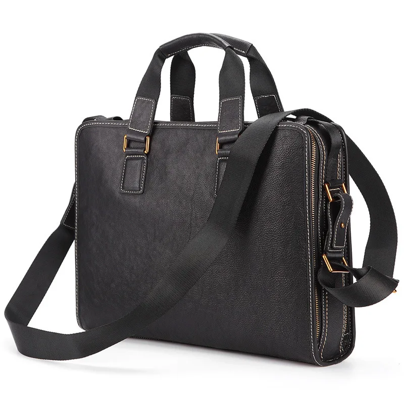 

Luxury Genuine Leather Laptop Handbag for Men real cow 100% Cow Leather laptop Business Tote 15 inch Black Soft Skin Portfolio