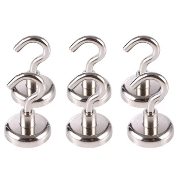 

New Style Magnetic Hooks Strong - Diameter 32mm Heavy Duty N52 Neodymium Hanging Magnatic Hook For Fridge 6 Packs, 80lb Supers