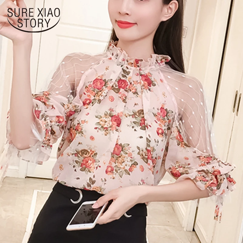 

womens tops and blouses plus size women chiffon blouse Stand collar mesh stitching lantern sleeves floral women tops 2830 50