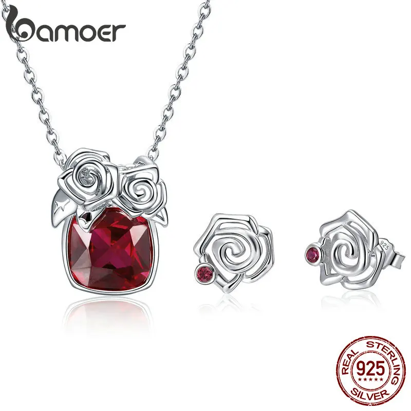 

BAMOER 100% 925 Sterling Silver Red Zirconia Rose Flower Women Necklaces Earrings Jewelry Sets Sterling Silver Jewelry ZHS080