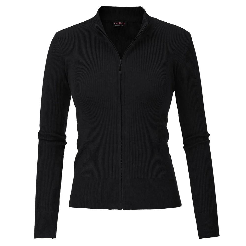 

New elegant basic knitted sweater coat Women autumn fall Long sleeve stand neck zipper slim solid Cardigan Knitting Coat ladies