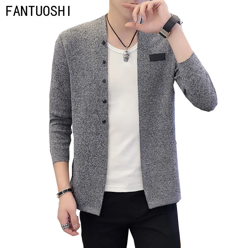 2019 New Autumn Fashion Men's Business Casual Long Sleeve Slim Solid Color Thin Knitted Cardigan Jacket Gray Khaki Black 3xl |