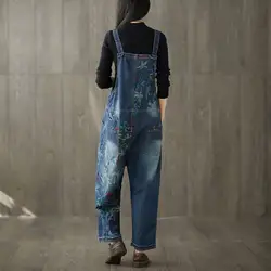 Для женщин цветочный принт джинсовый комбинезон мода Регулируемый ремень широкие брюки комбинезоны для повседневное большой разме