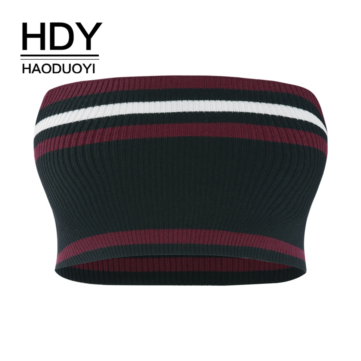 HDY Haoduoyi Sexy  Shoulder-exposed short stripe splicing Brooch sweater Sweet Sleeveless  Short tops