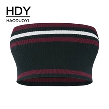 HDY Haoduoyi Sexy  Shoulder-exposed short stripe splicing Brooch sweater Sweet Sleeveless  Short tops