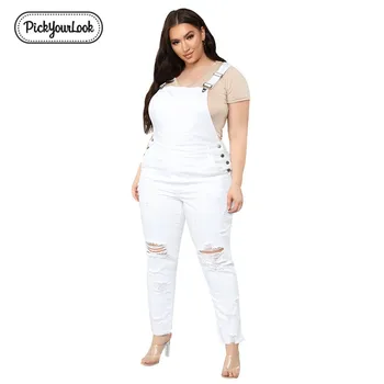 

PickYourLook Women Jumpsuit Large Size Denim Ripped White High Street Plus Size Jumpsuit Vintage Party Slim Lady Belted Mono