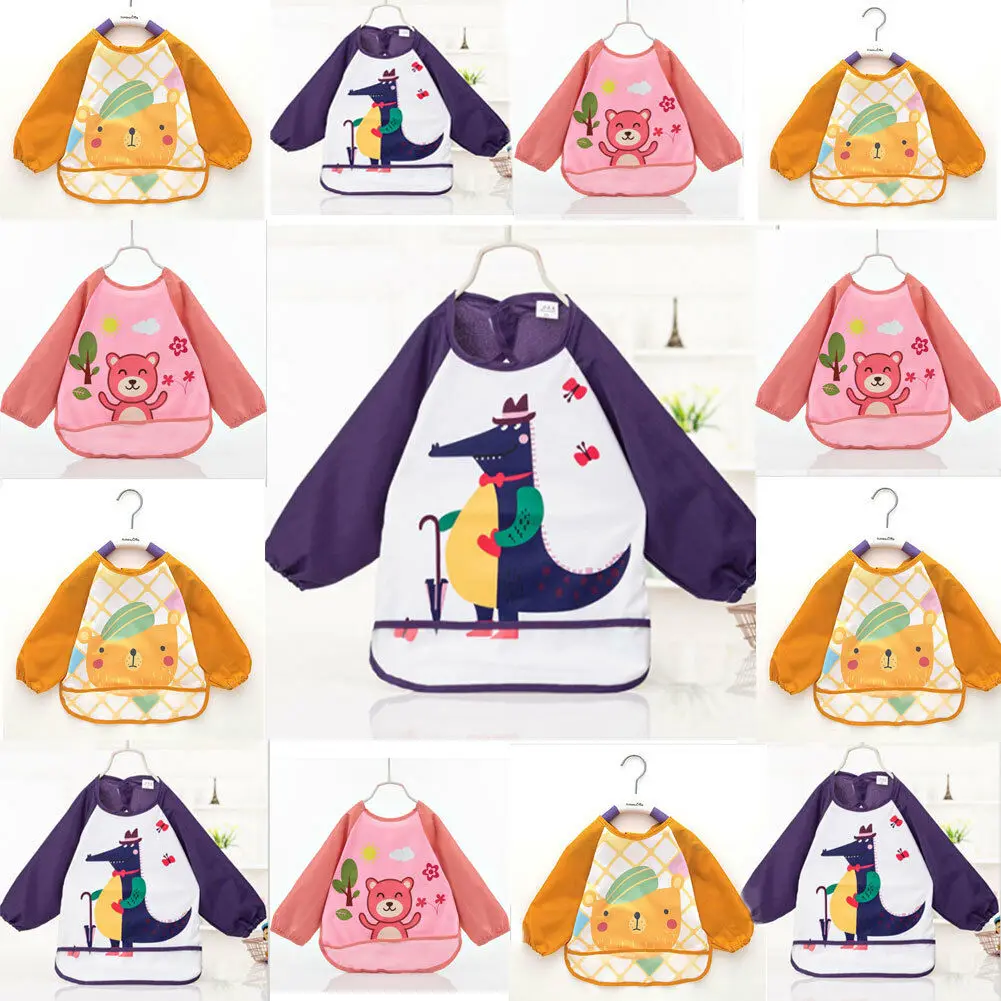 

Baby Boy Bibs Waterproof Long Sleeve Cartoon Girl Bibs Kids Burp Cloth Feeding Bib with Pocket Child Apron Smock