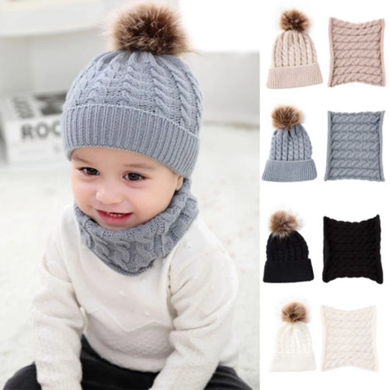 

Kids Warm Winter Knit Beanie Fur Pom Pom Hat Crochet Ski Cap and Scarf