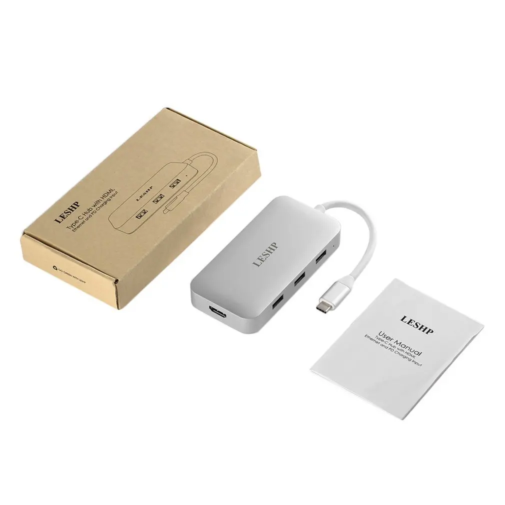 LESHP Aluminum White Type-c to USB-3.0 3 Port HUB RJ45 Gigabit HDMI 4K PD Charging Digital AV Conve