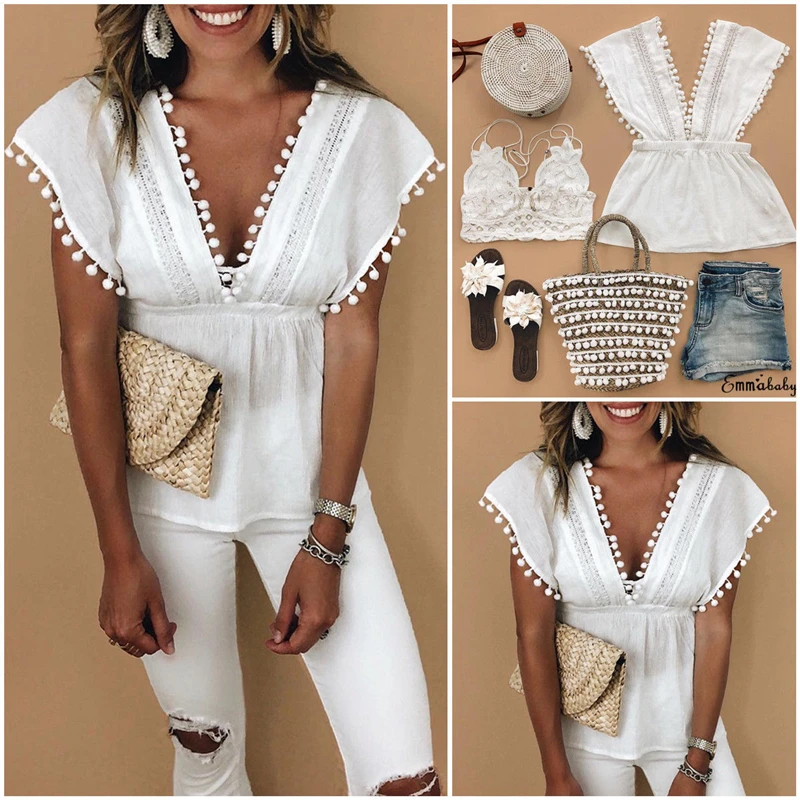 

Deep V-neck T Shirt Women With Tassel Fashion Summer Casual Loose Sleeveless Tshirt Tops Pure White Shirt