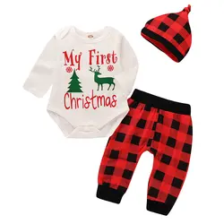Pudcoco мое первое Рождество для новорожденных для маленьких мальчиков девочек комбинезон, штаны шляпа 3 шт. одежда Детские girlboy