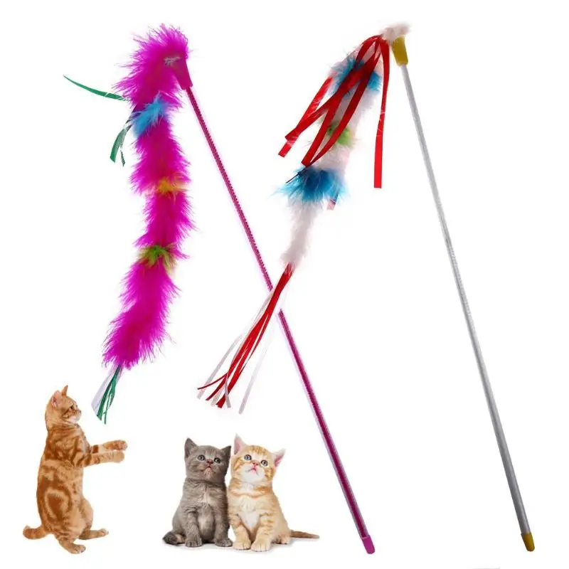 Cute Funny Colorful Feather Tease Cats Dangle Rods Playing Pet Toysin Cat Toys from Home