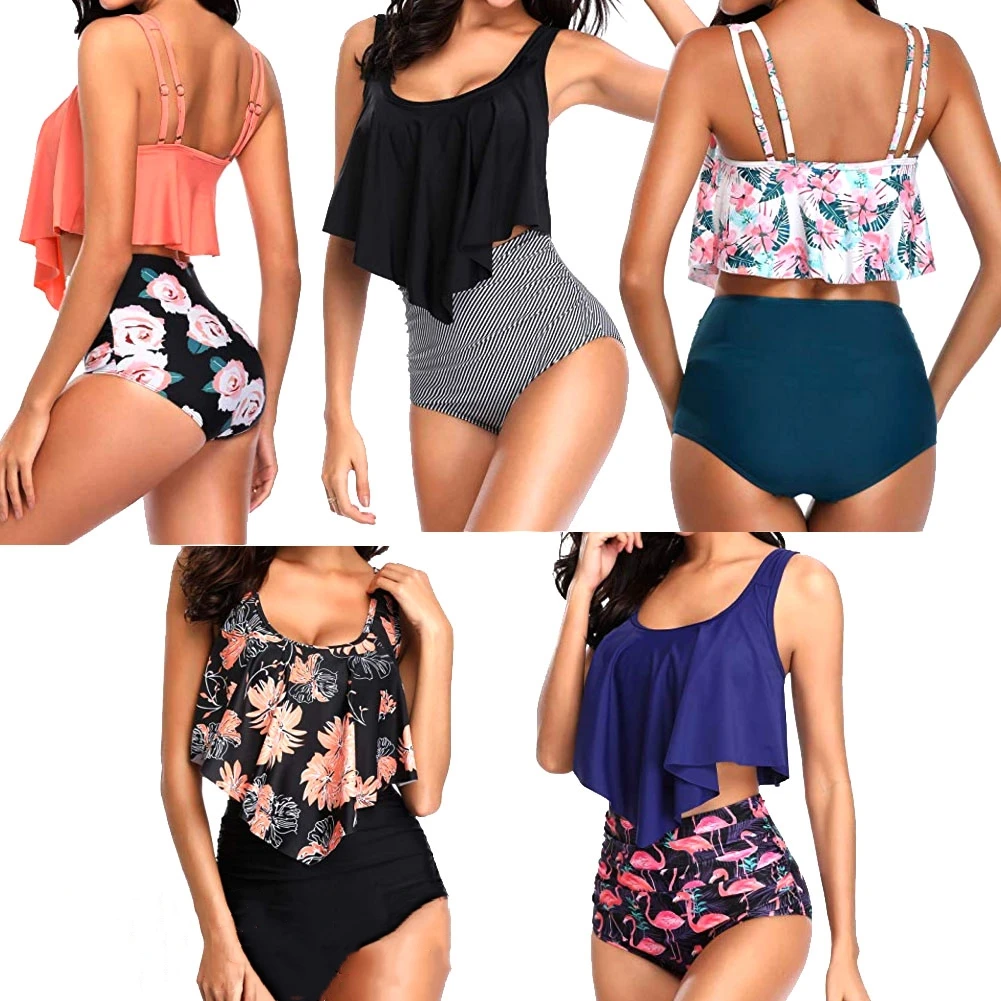 

Summer Swimwear Thong Beach Bathing Monokini Sexy Backless Swimsuit Women Bikinis Set High Waist Pleated Floral Print