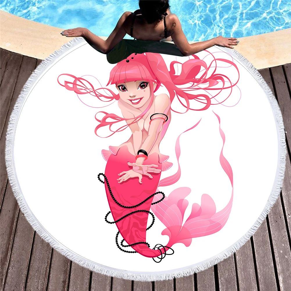 

3D Printed Mermaid Microfiber Round Beach Towel for Adults Summer Toalla Tassel Yoga Mat T370