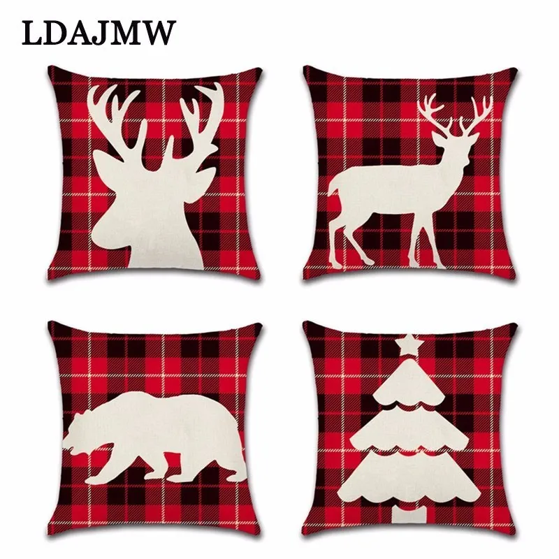 

LDAJMW New Plaid Theme Christmas Pillowcase Cushion Christmas Tree Elk Bear Variety Of Lattice Room Decoration Pillowcase