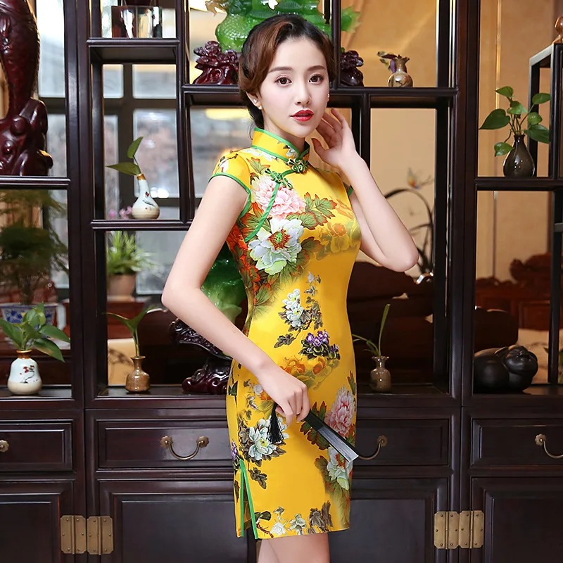 Модные желтые короткие Cheongsam современные китайские традиционные платья Qipao продвижение платье китайская цена Qi Pao женские мини платья