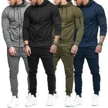Стиль Модный популярный мужской топ на молнии с карманом костюм Толстовка с капюшоном пальто с шапочкой брюки набор брюк