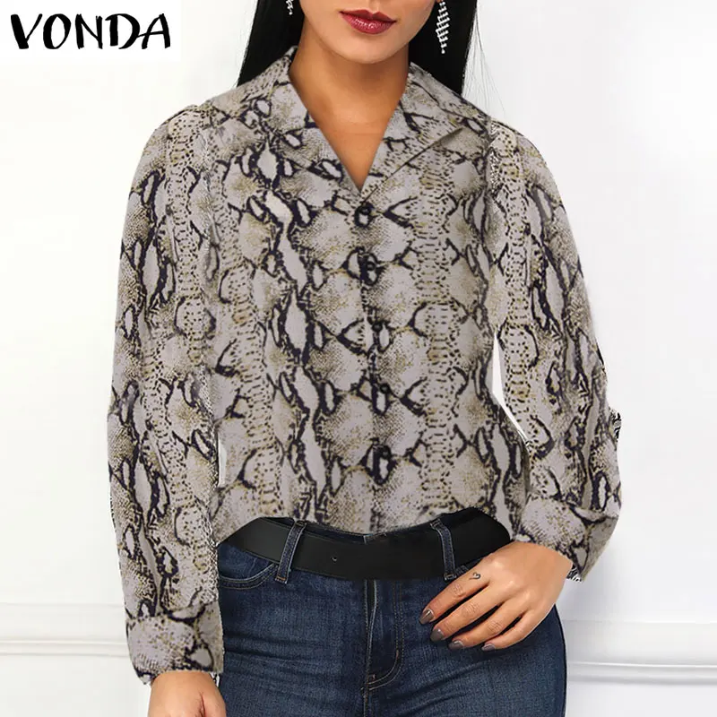 Women Snake Print Blouses 2019 Autumn Long Sleeves Lapel Neck Snakeskin Shirts High Street