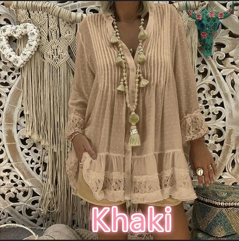 2019 Large Size Lace Chiffon V-Neck Shirt Female Loose Shirt Nine Quarter Women Dot Fashion Blouse