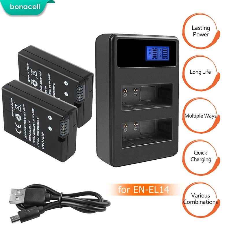 

bonacell 2pcs EN-EL14 EN EL14 Li-ion Batteries Bateria Dual LCD Charger for Nikon D3100 D3200 D3300 D5100 D5200 L50