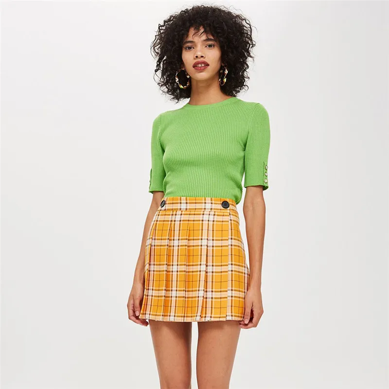 Женская клетчатая юбка с высокой талией Весенняя повседневная с поясом на пуговицах элегантная трапециевидная винтажная Женская