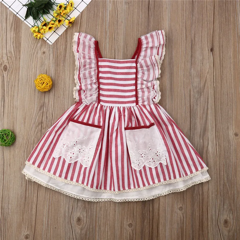 

2-7Y Summer Sweet Kids Baby Girls Red Striped Princess Dress Lace Sleeve Wedding Birthday Party Dress Pockets A-Line Girl Dress