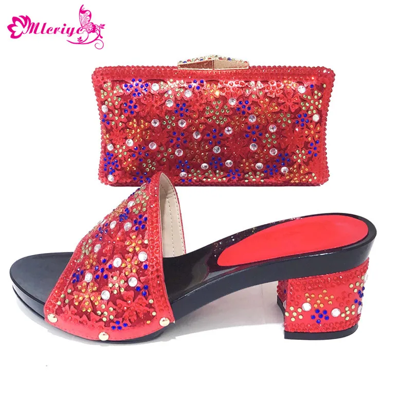 

New Arrival Nigerian Party Shoe and Bag Set Decorated with Rhinestone Ladies Sandals with Heels Designer Shoes Women Luxury 2019