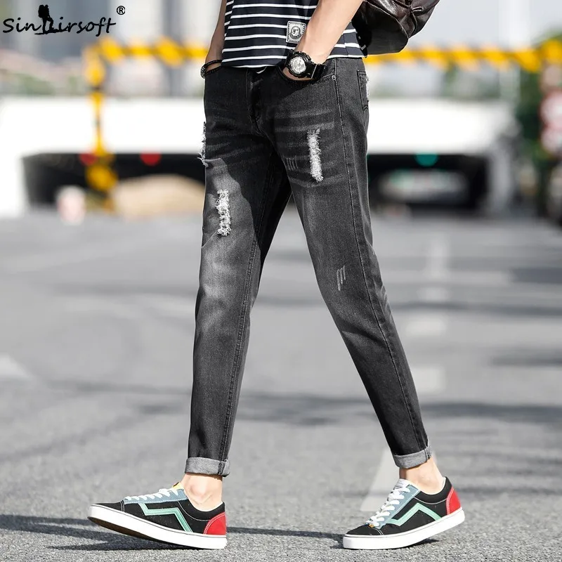 

The New Listing 2019 Casual Slim Straight Non-stretching Skinny Jeans Men's Hole Joggers Jeans Men's Harem Pants Men