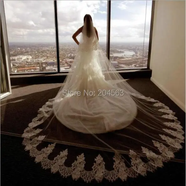 

White or Ivory Long Luxury Bridal Veils Lace Edge Tulle Veil for Bride with Comb HL2019